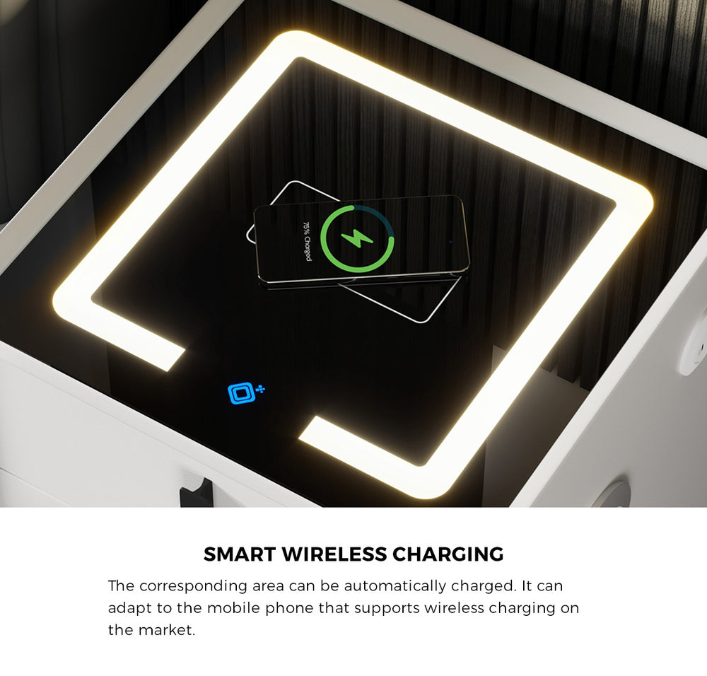 Smart Bedside Table Wireless Charging LED Lights 3 Drawers