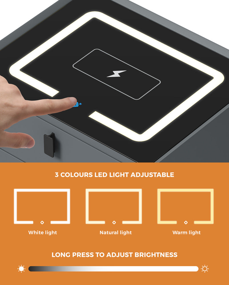Smart Bedside Table Wireless Charging LED 2 Drawers