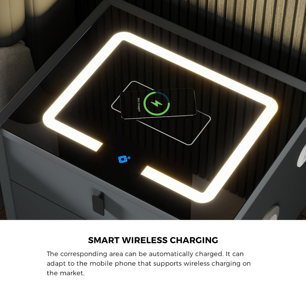 Smart Bedside Table Wireless Charging LED 2 Drawers