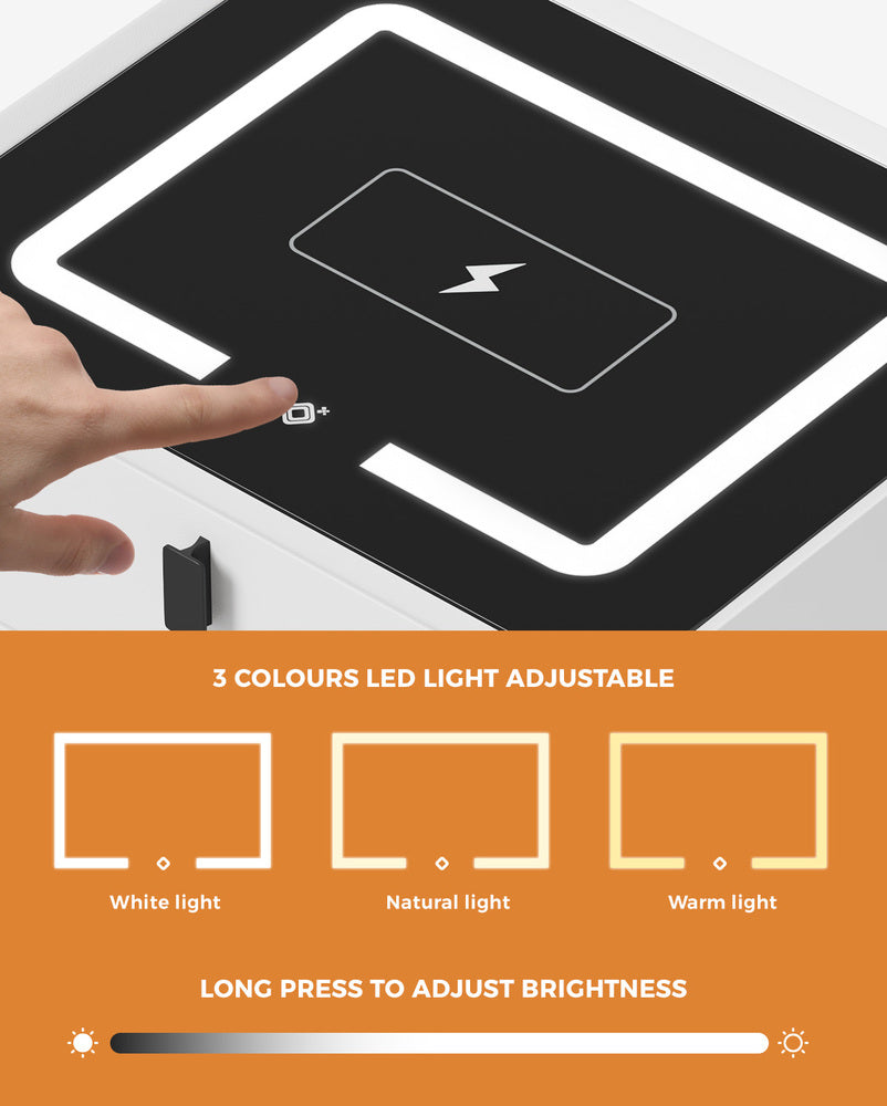 Smart Bedside Table Wireless Charging LED 2 Drawers