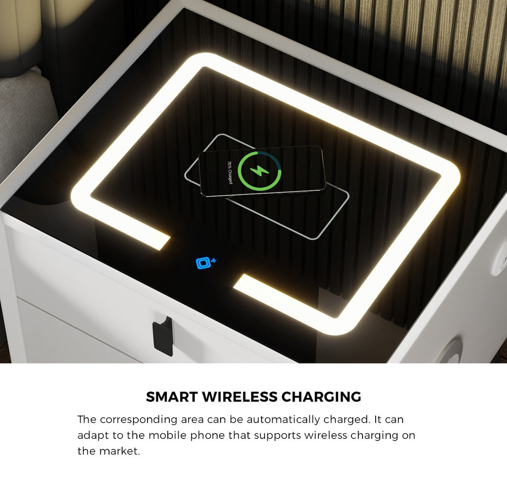 Smart Bedside Table Wireless Charging LED 2 Drawers