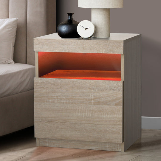 Bedside Table LED Nightstand Shelf Natural/High-gloss Front White