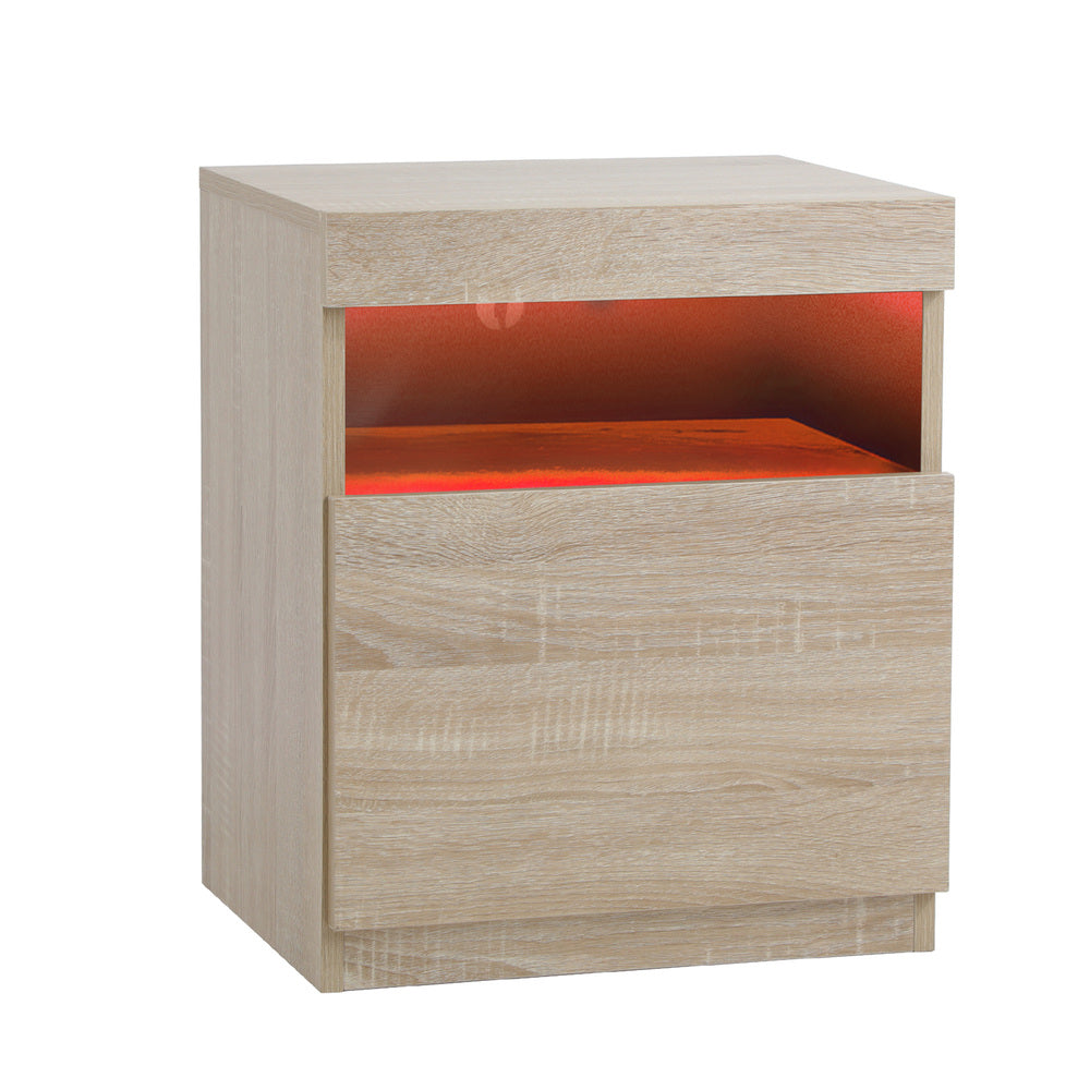Bedside Table LED Nightstand Shelf Natural/High-gloss Front White