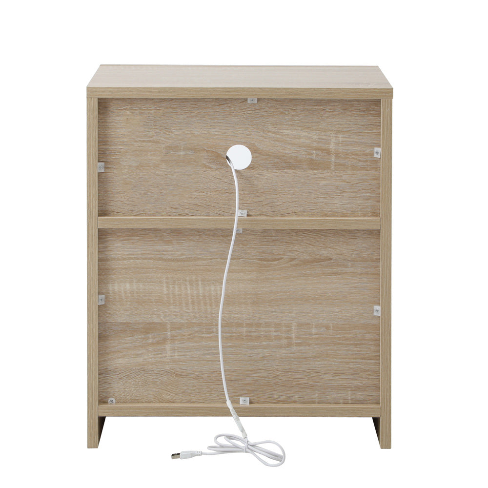 Bedside Table LED Nightstand Shelf Natural/High-gloss Front White