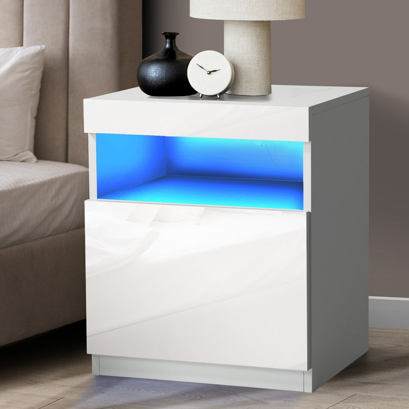 Bedside Table LED Nightstand Shelf Natural/High-gloss Front White with Bedside Table - photo 17
