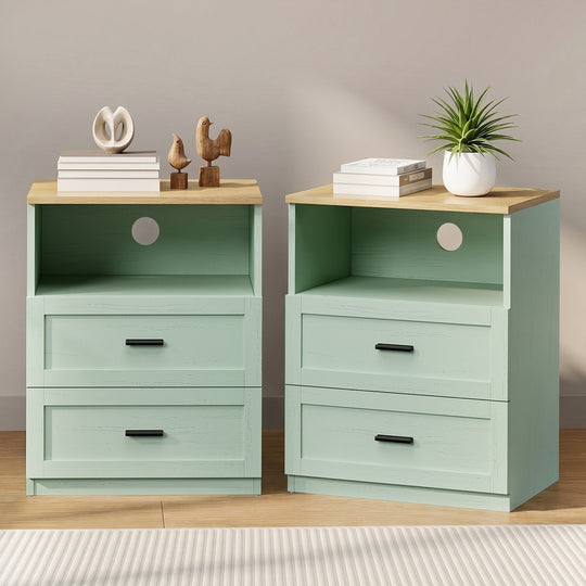 2pc Bedside Table 2 Drawers Nightstand Natural & Green