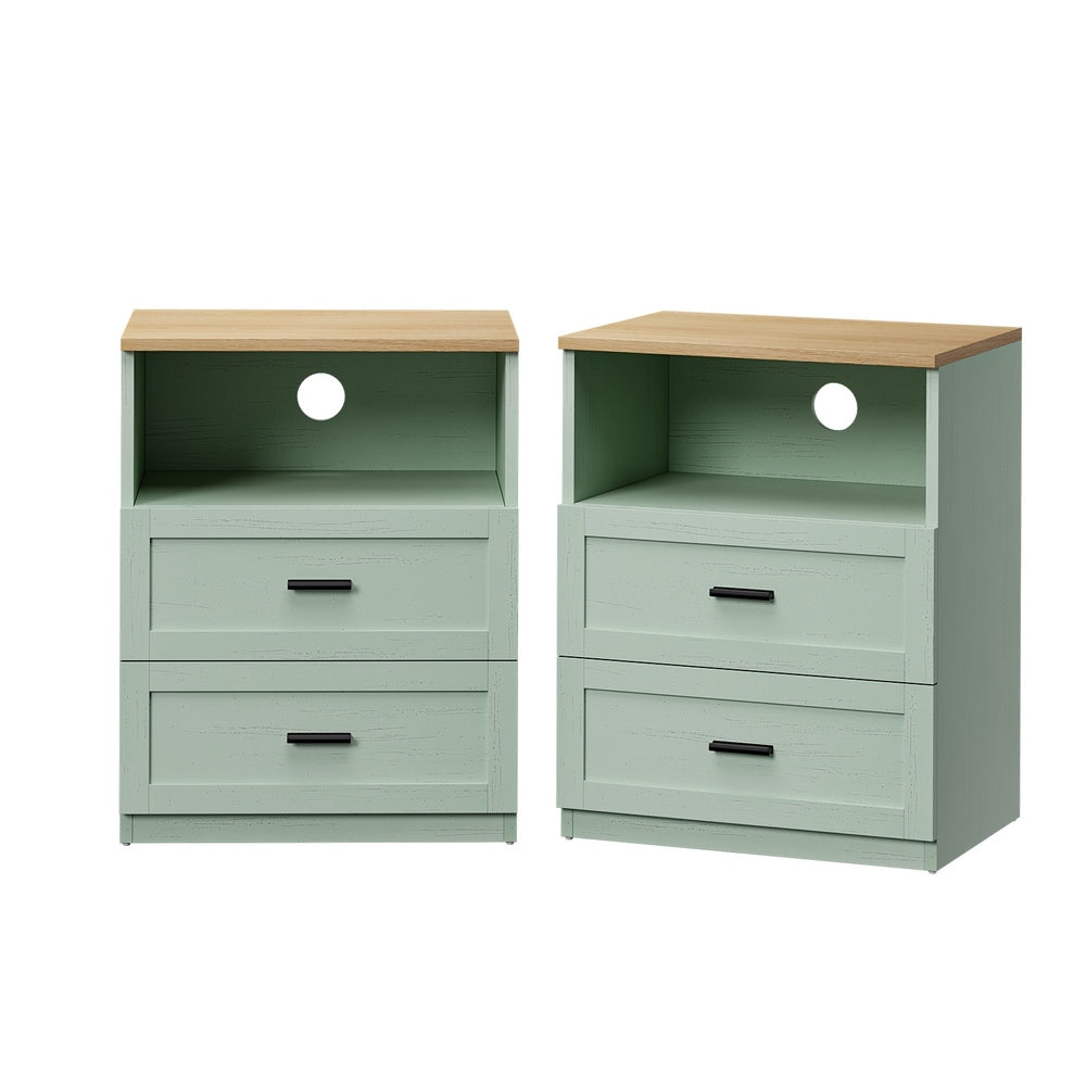 2pc Bedside Table 2 Drawers Nightstand Natural & Green