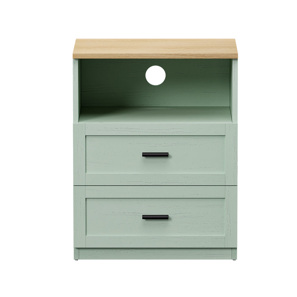 2pc Bedside Table 2 Drawers Nightstand Natural & Green