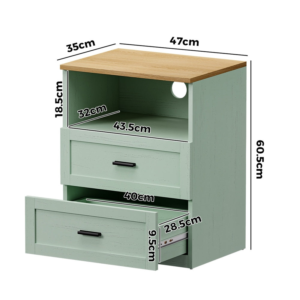 2pc Bedside Table 2 Drawers Nightstand Natural & Green