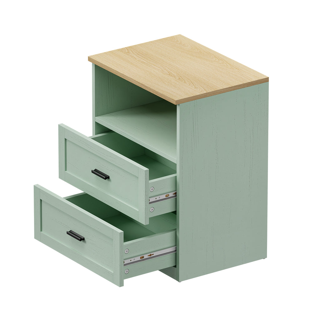 2pc Bedside Table 2 Drawers Nightstand Natural & Green