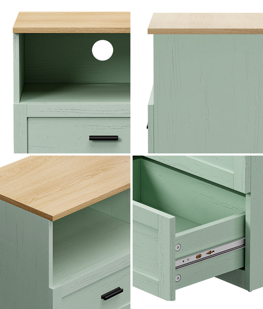2pc Bedside Table 2 Drawers Nightstand Natural & Green