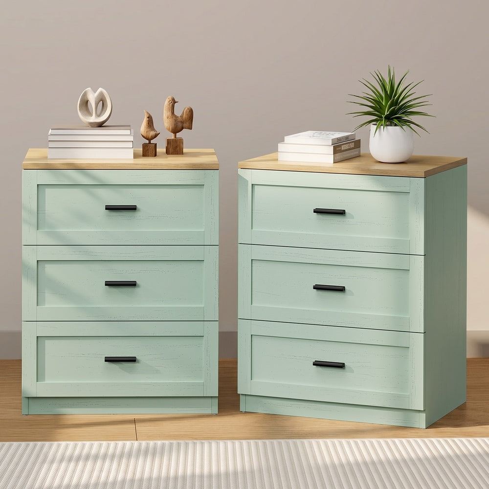 3 Drawer Bedside Tables Set of 2 Natural Green | Simpledeals