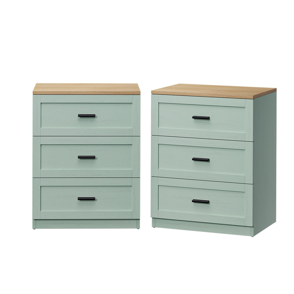 3 Drawer Bedside Tables Set of 2 Natural Green | Simpledeals