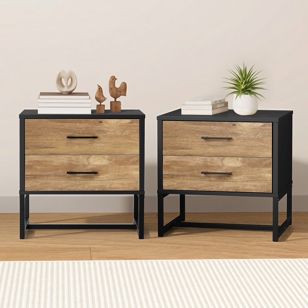 2x Bedside Table 2 Drawers Storage Metal Industrial