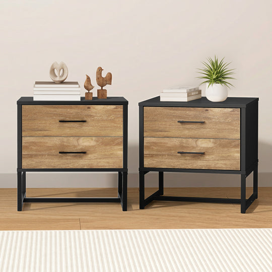2x Bedside Table 2 Drawers Storage Metal Industrial