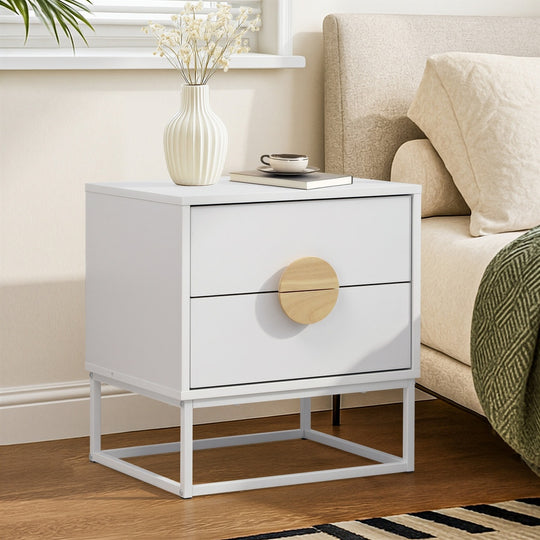 Bedside Table 2 Drawers Steel Legs White - Bedside Table