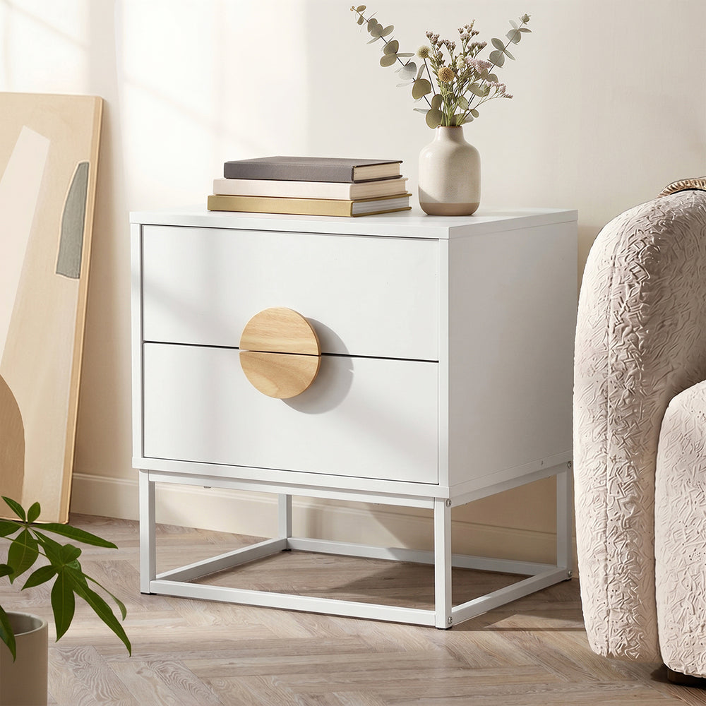 Bedside Table 2 Drawers Steel Legs White | Simpledeals