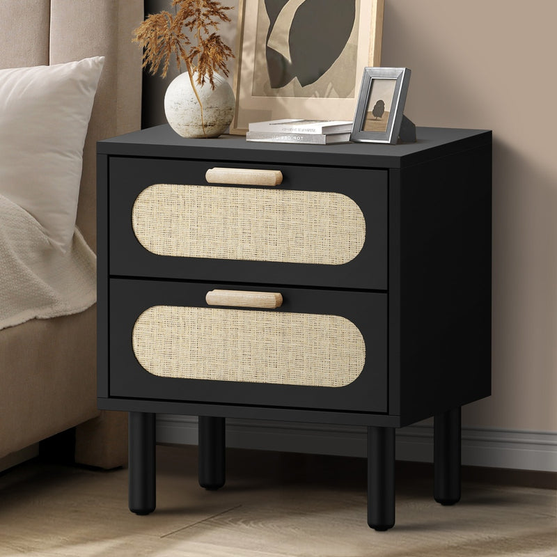 Bedside Table 2 Drawers Rattan Black/Natural, Rattan finish