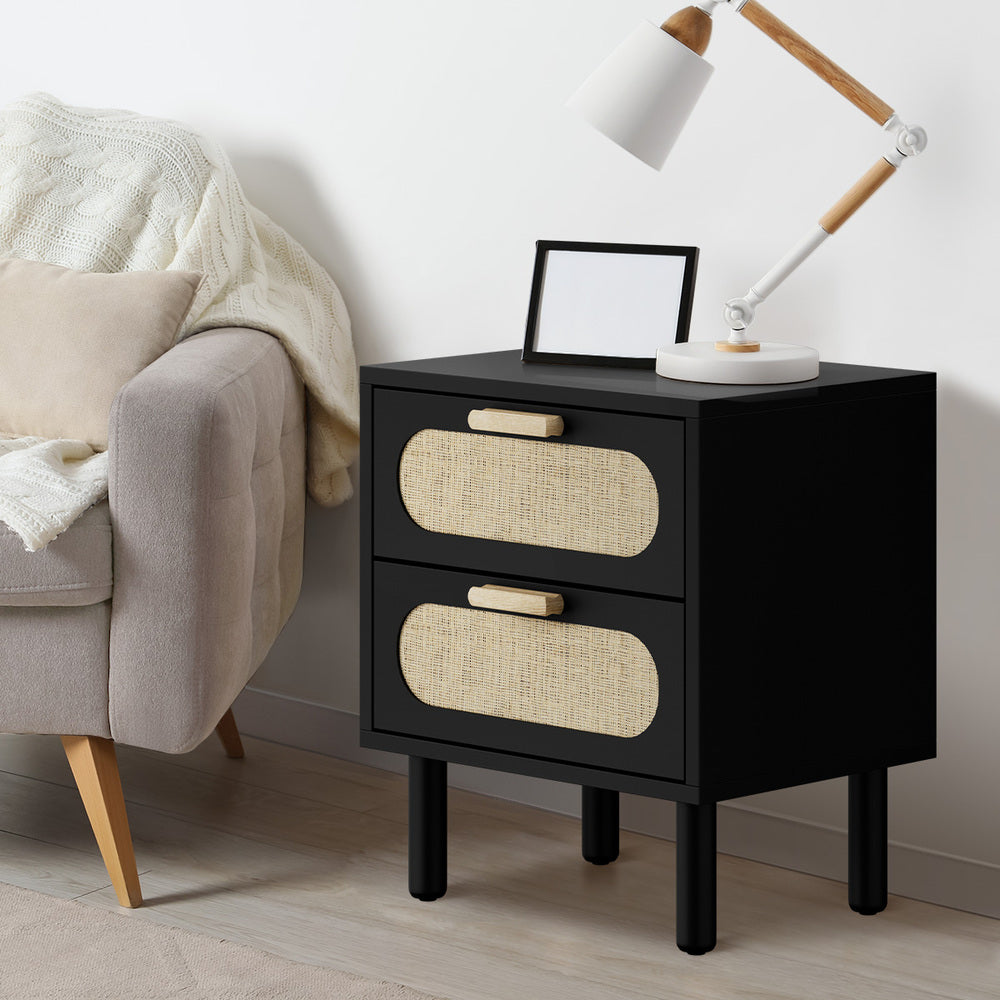 Bedside Table 2 Drawers Rattan Black/Natural