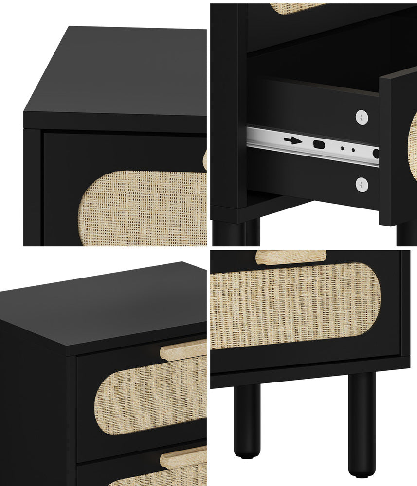 Bedside Table 2 Drawers Rattan Black/Natural