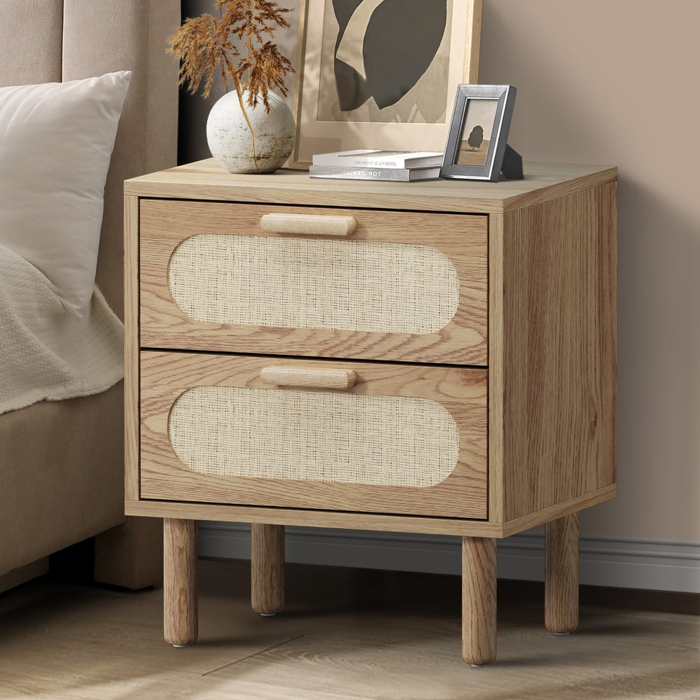 Bedside Table 2 Drawers Rattan Black/Natural
