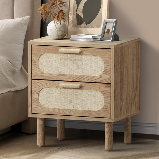 Bedside Table 2 Drawers Rattan Black/Natural