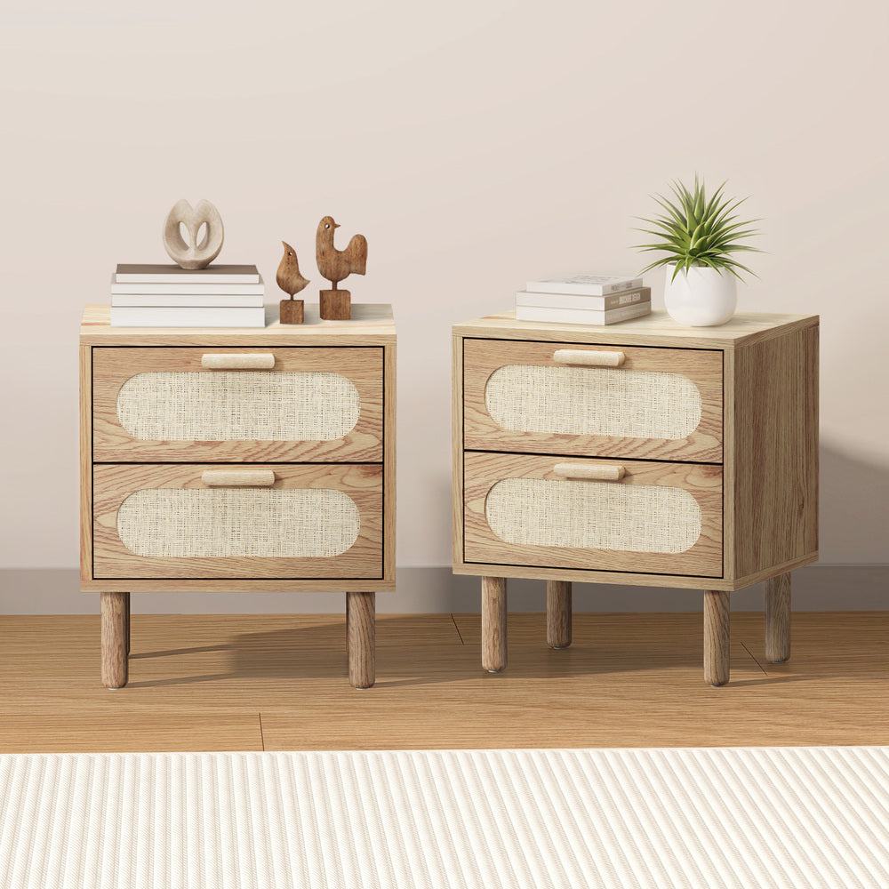 2x Bedside Table 2 Drawers Rattan