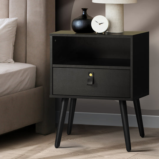 Bedside Tables Side Table Drawer Storage Cabinet w/ Leather