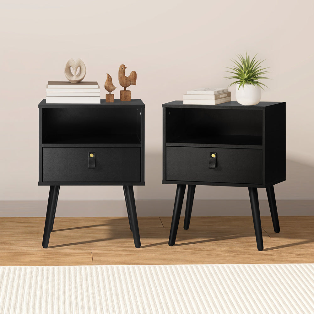 2X Bedside Tables with Leather Handle White