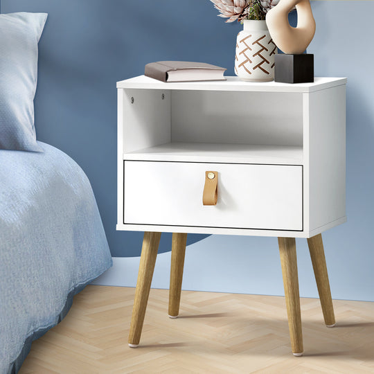 Bedside Tables Side Table Drawer Cabinet w/ Leather Handle