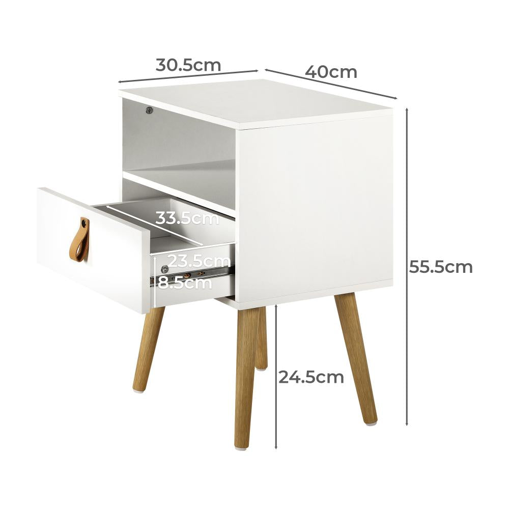Bedside Tables Side Table Drawer Cabinet w/ Leather Handle White