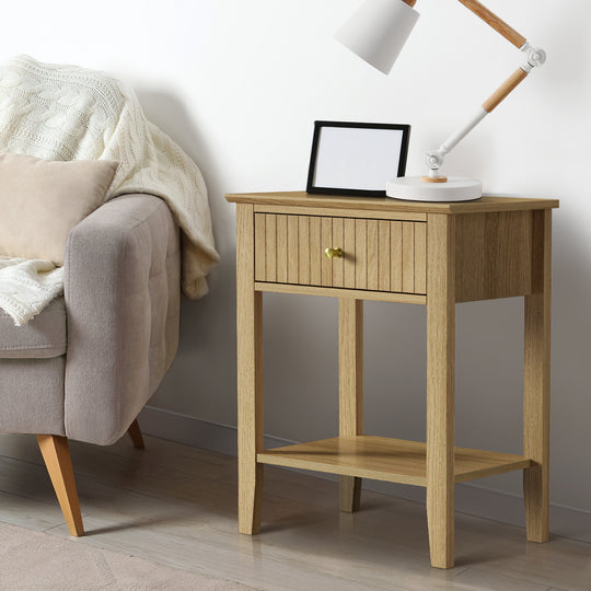 Natural colour - 2x Bedside Table 1 Drawer Open Shelf Nightstand Natural
