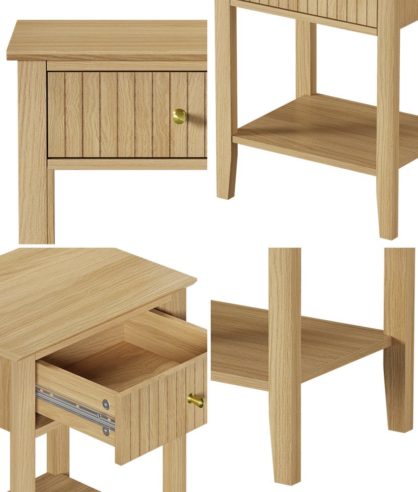 2x Bedside Table 1 Drawer Open Shelf Nightstand Natural