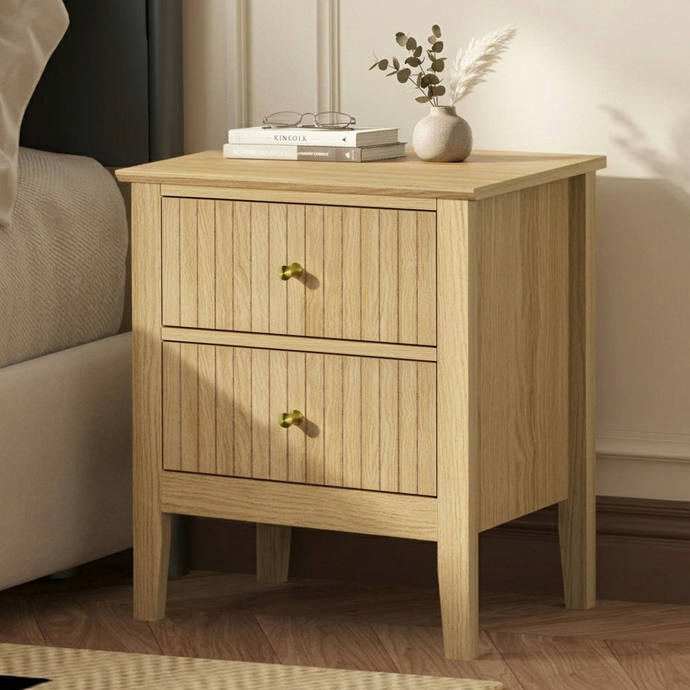 2 Drawer Bedside Table Gold Handle Natural | Simpledeals
