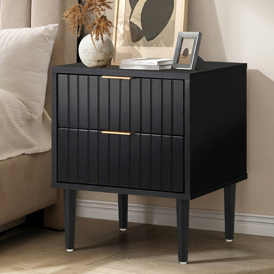 Black Bedside Table 2 Drawers Metal Handle - Bedside Table
