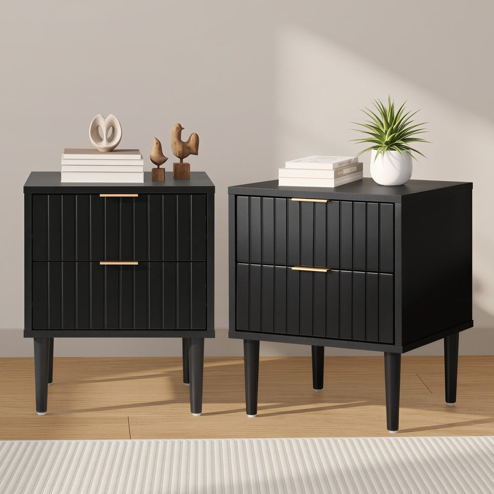 Black Bedside Tables Set 2 Drawers Metal Handle | Simpledeal