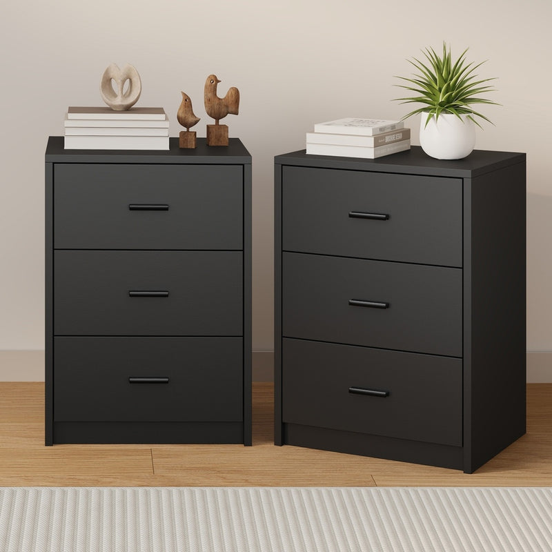 2x Bedside Tables 3 Drawer Nightstands Bedroom Storage Cabinets Black, Black colour
