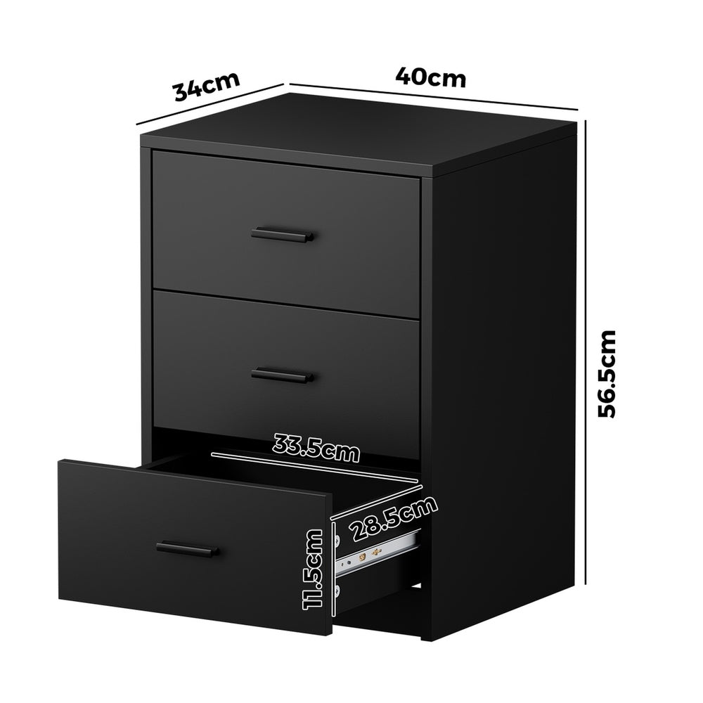 2x Bedside Tables 3 Drawer Nightstands Bedroom Storage Cabinets Black