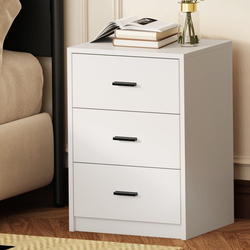 Modern Bedside Table 3 Drawer Nightstand White Particle Board Storage