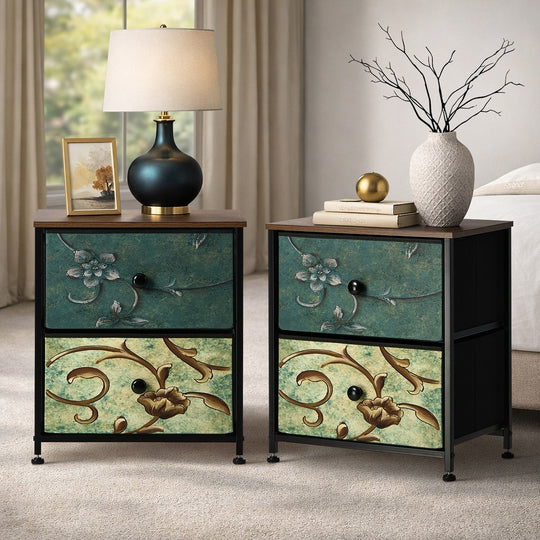 2pc Bedside Tables Fabric Cabinet 2 Drawers Nightstand