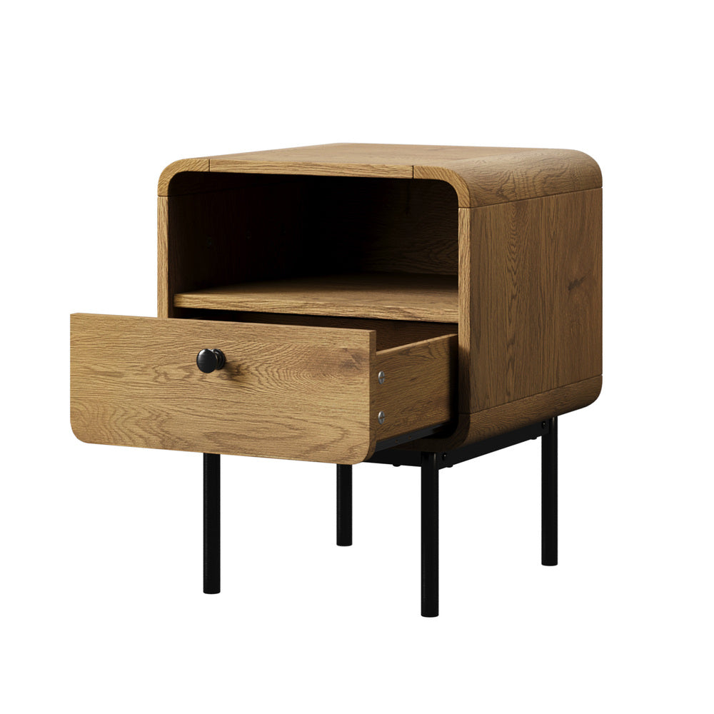 Bedside Table 1 or 2 Drawers Bedroom Nightstand Wood Grain Metal Natural