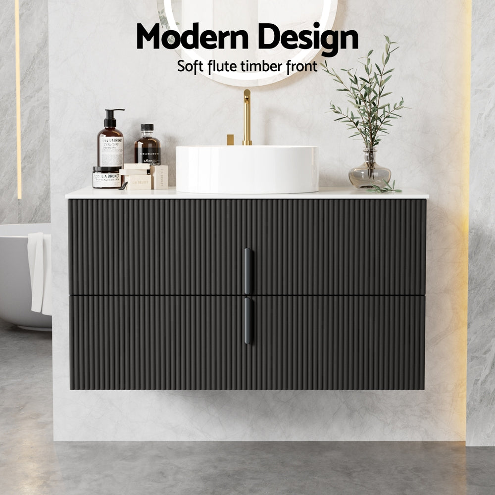 Black colour - Vanity Unit 900mm Bathroom Cabinet Storage Wall Hung Black Timber Front