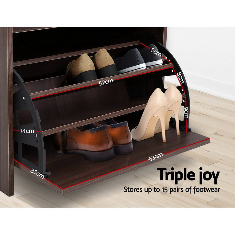 Shoe Rack Cabinet Bench 3-tier 15 Pairs Walnut