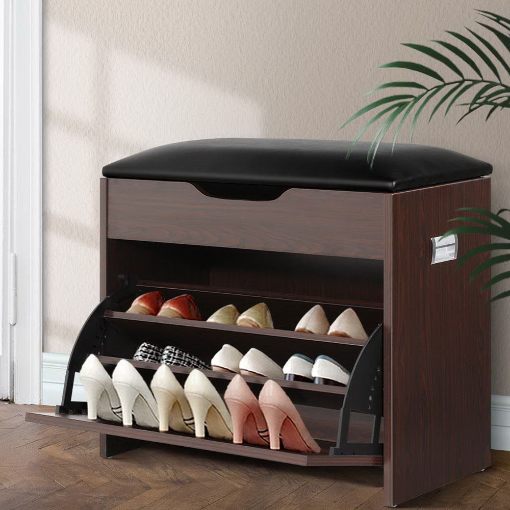 Shoe Rack Cabinet Bench 3-tier 15 Pairs Walnut