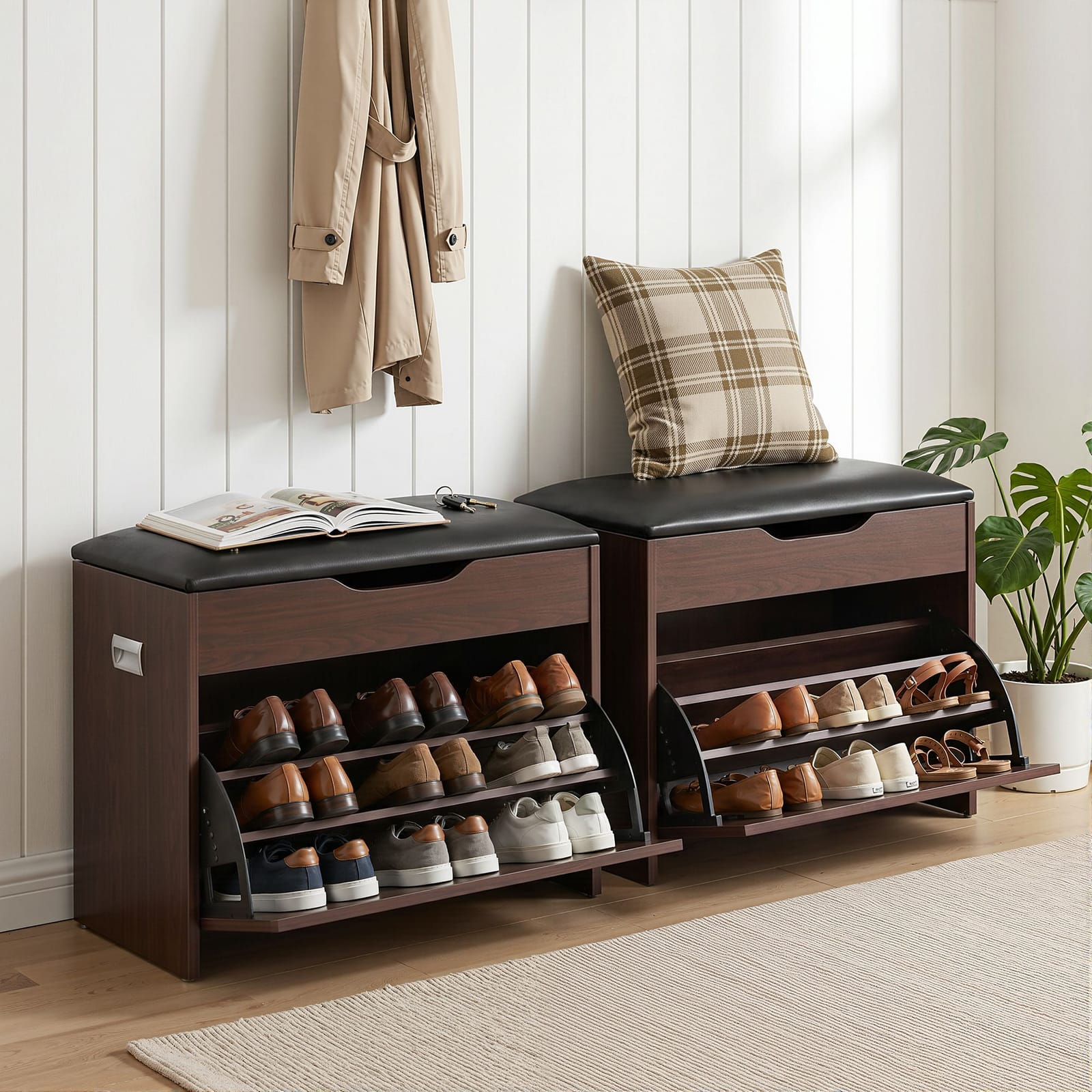 Shoe Bench Set Walnut Flip Drawer 57x30x53cm