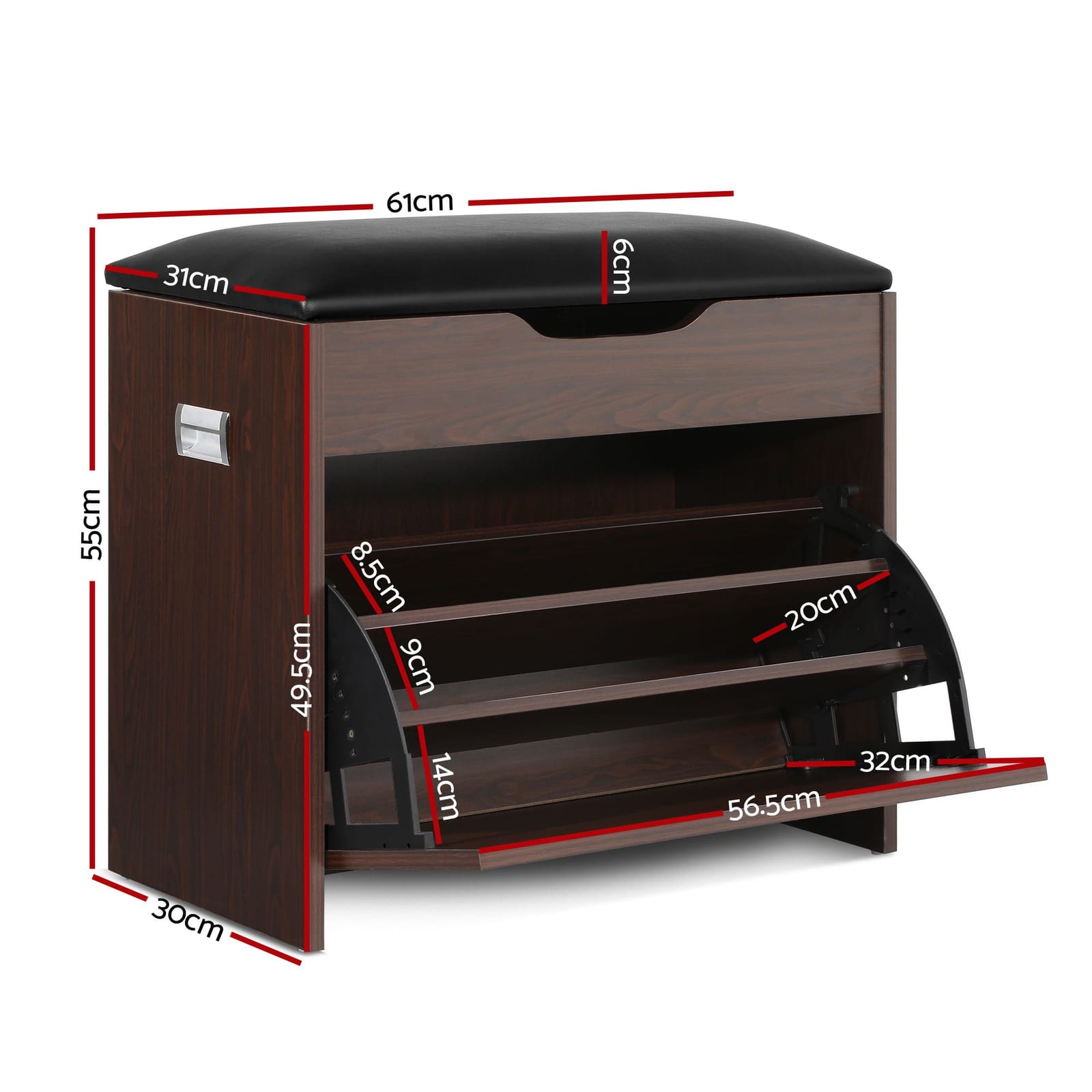 Shoe Bench Set Walnut Flip Drawer 57x30x53cm