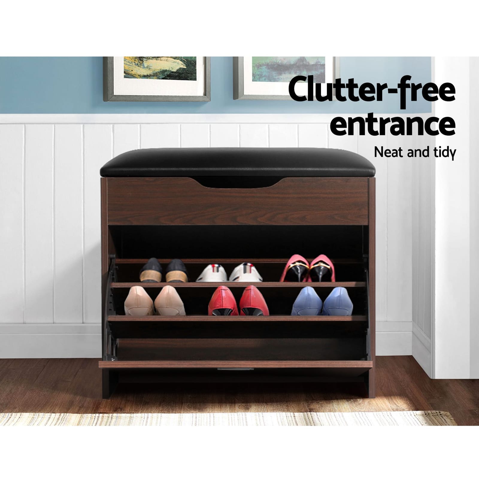 Shoe Bench Set Walnut Flip Drawer 57x30x53cm