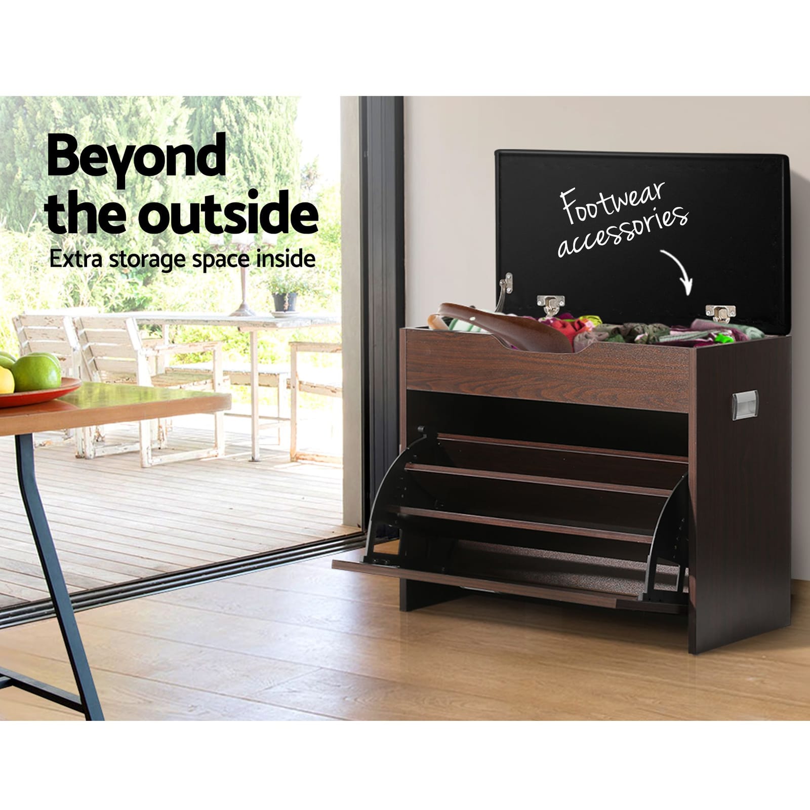 Shoe Bench Set Walnut Flip Drawer 57x30x53cm