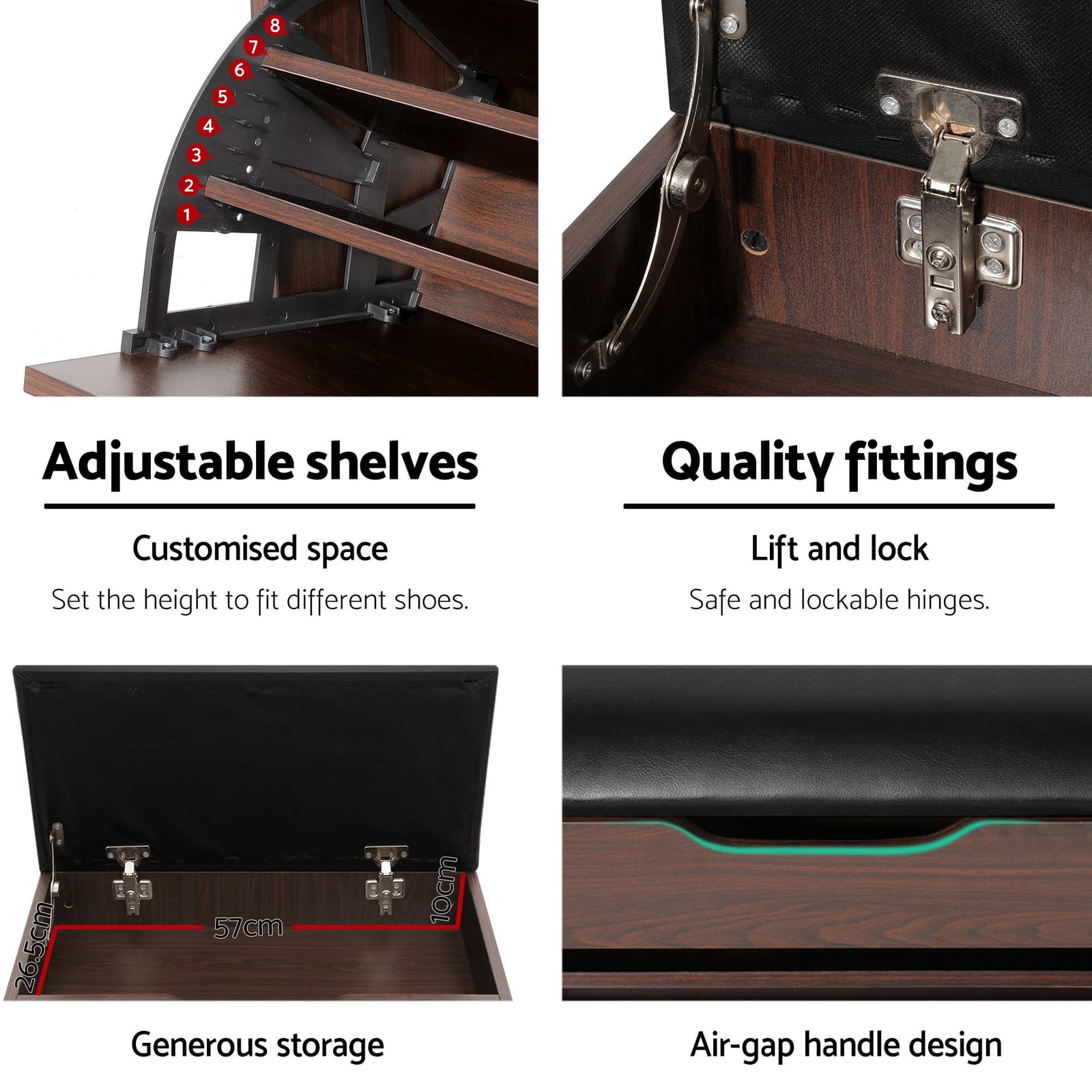 Shoe Bench Set Walnut Flip Drawer 57x30x53cm