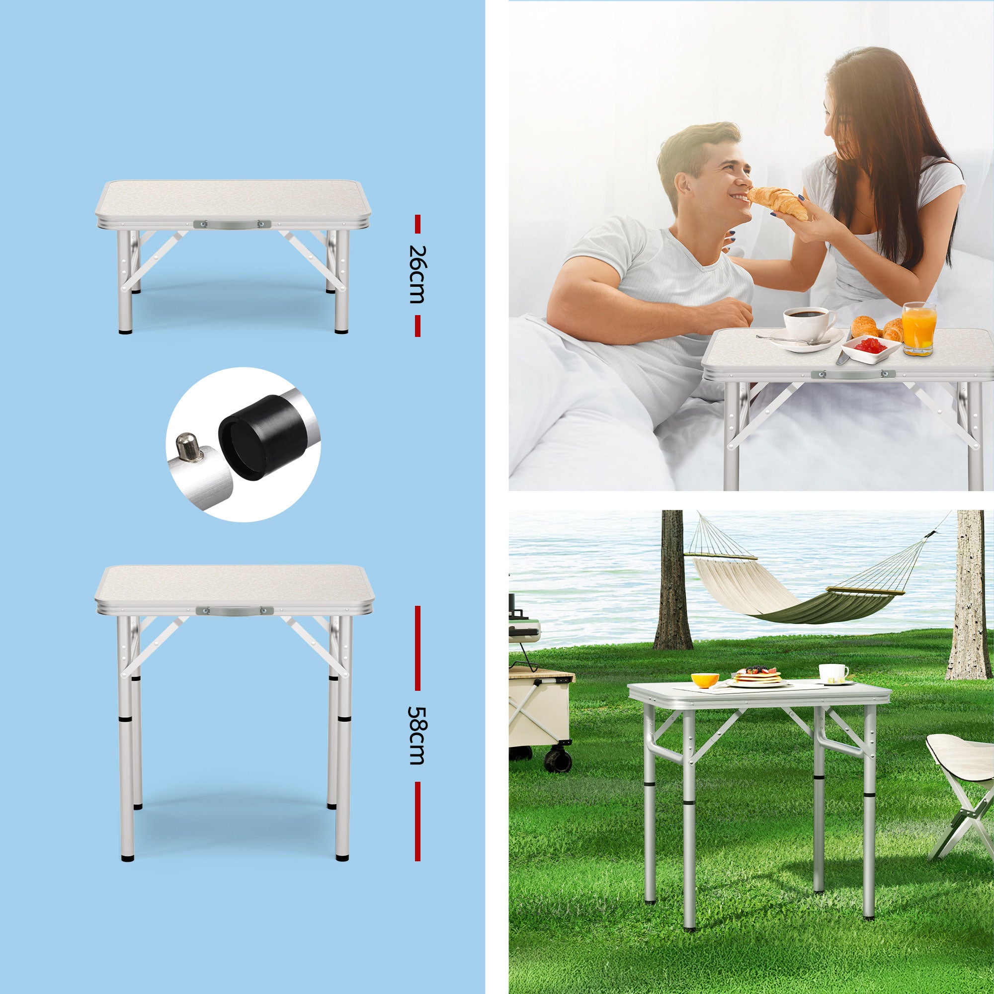Folding Camping Table 60cm Adjustable Height Portable Outdoor Table